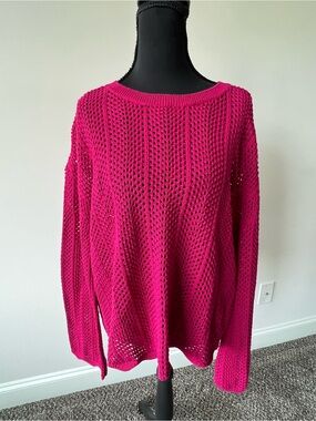 LOFT Open-Knit Crewneck Sweater in Bright Pink Scalloped Hem 100% Cotton